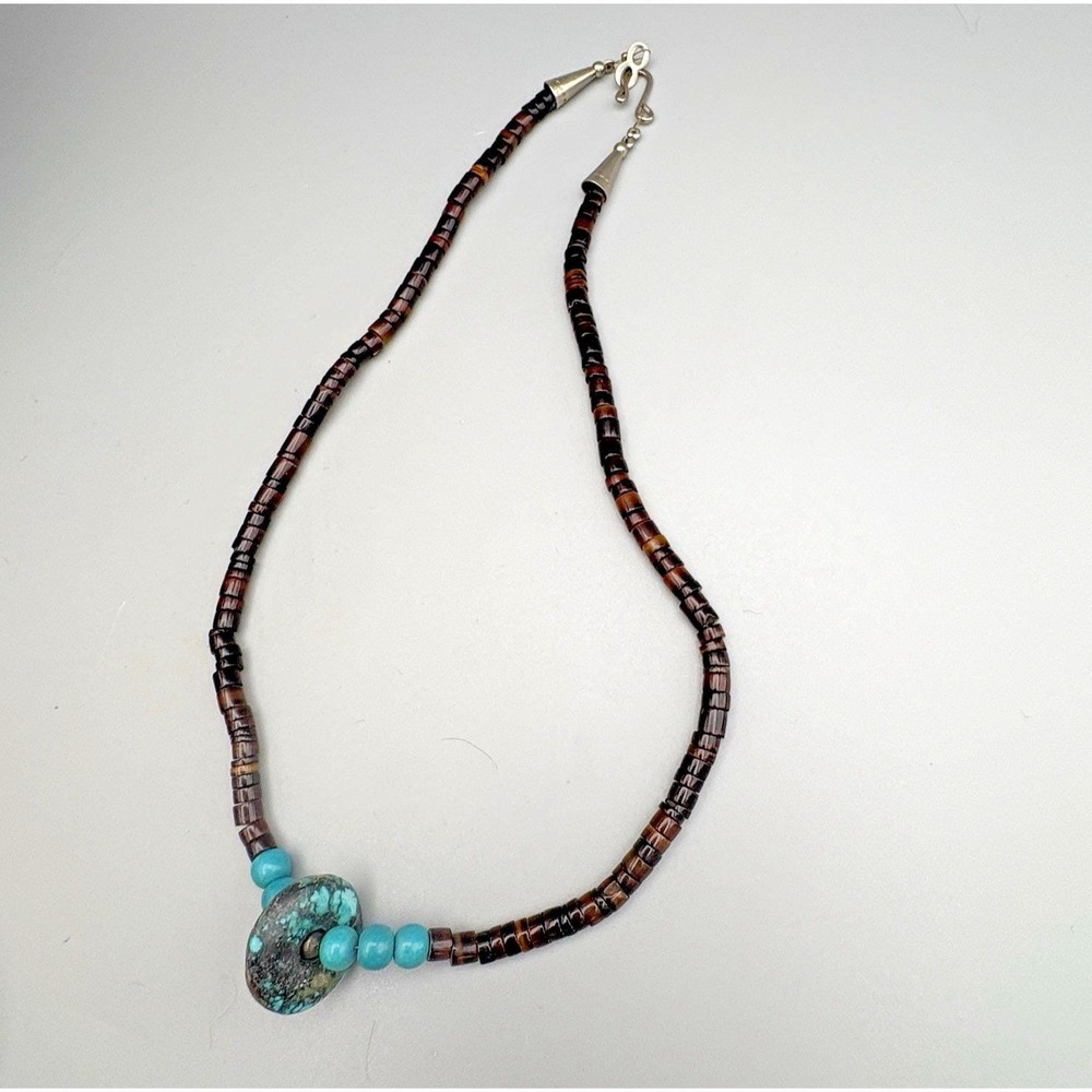 Turquoise and Heishi Beaded Necklace Pen Shell 18" Southwest Silver Plated